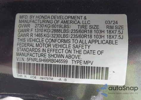 2024 Honda Odyssey Ex-L z USA, uszkodzony, nr VIN 5FNRL6H66RB046599